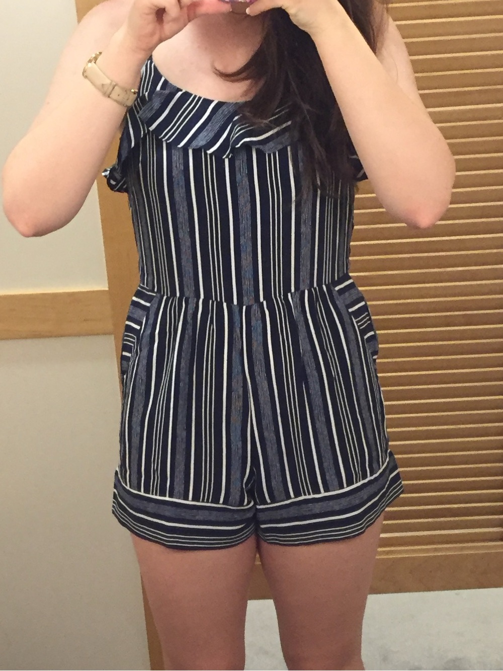 LOFT Striped Navy Blue Romper with Ruffled Neckline Overlay